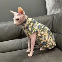 Camiseta floral verde para gato Sphynx – Algodón suave manga corta