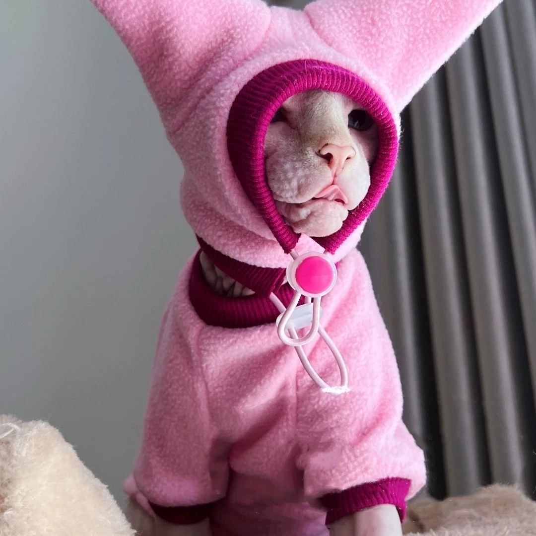 Sudadera de vellón de invierno Traje de sombrero para Sphynx Cat Cálido Moda Azul Rosa Abrigo para gatitos Primavera Chaqueta gruesa suave para Devon Rex