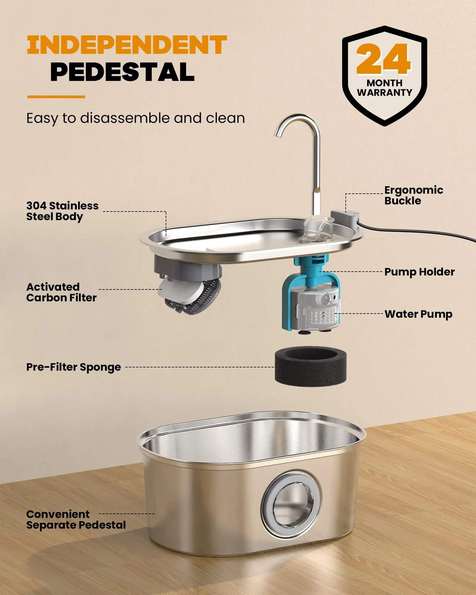 Nueva fuente de agua de acero inoxidable de 3,2l para gatos, bebedero automático para gatos, bebedero para gatos, perros, dispensador de agua para mascotas con ventana - imagen 2