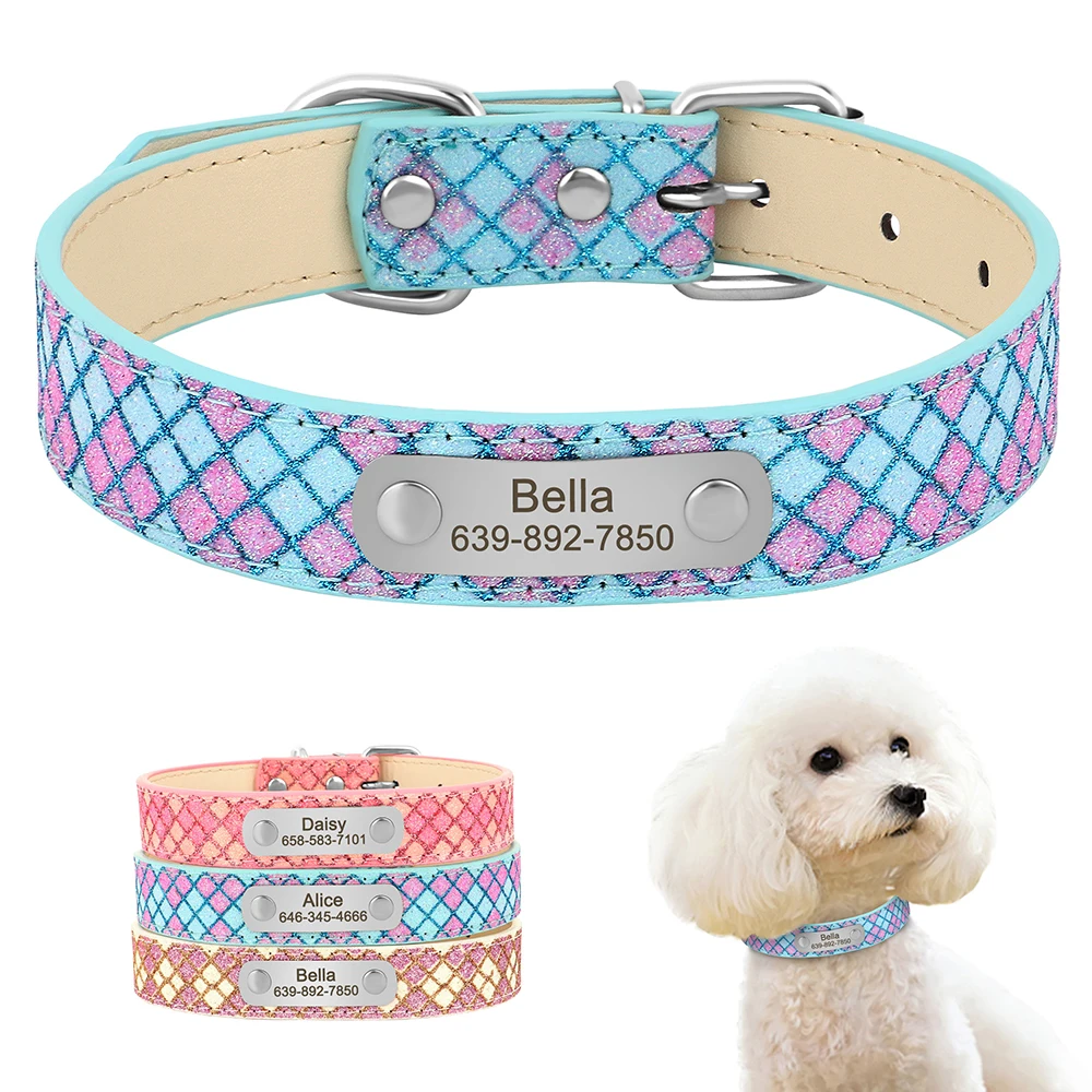 Collar de cuero personalizado para perros, collares a cuadros personalizados para perros pequeños y medianos, gatos, Chihuahua con placa de identificación grabada gratis