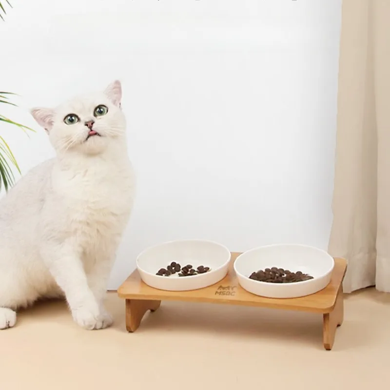 Cuencos dobles de comida para gatos con marco de bambú, vajilla para beber para mascotas, dispensador de agua Cervical protector para el hogar, contenedor alimentador para cachorros