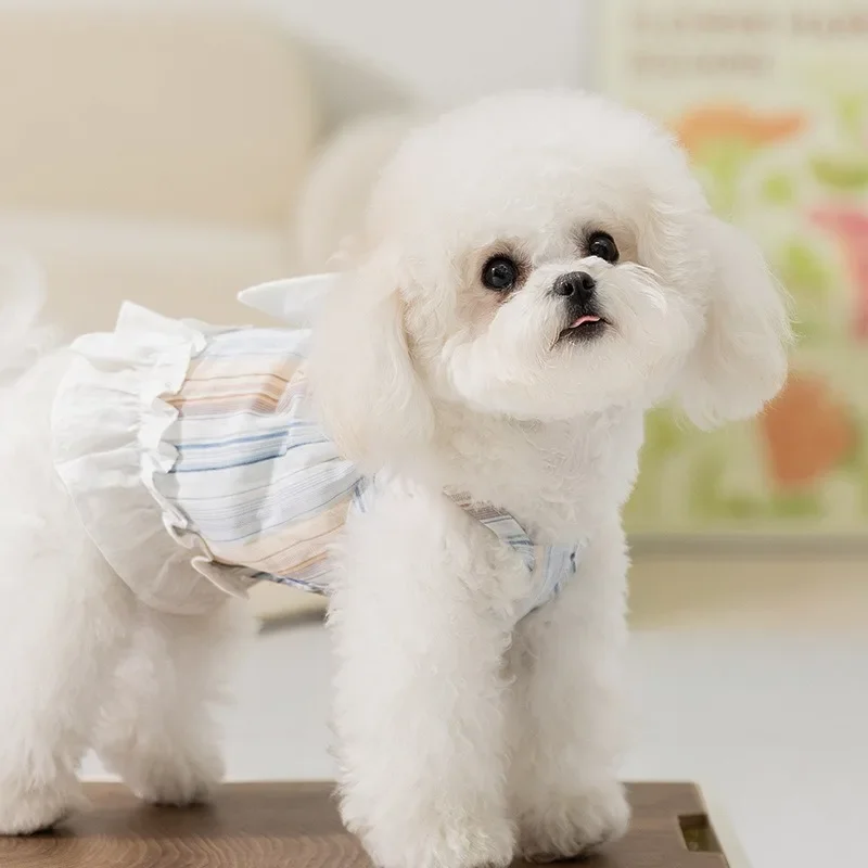 Vestido de encaje para cachorros, lazo grande para perros pequeños, ropa de peluche de verano a rayas para cachorros, camisa de Color sólido con tirantes, ropa para perros femeninos - imagen 2