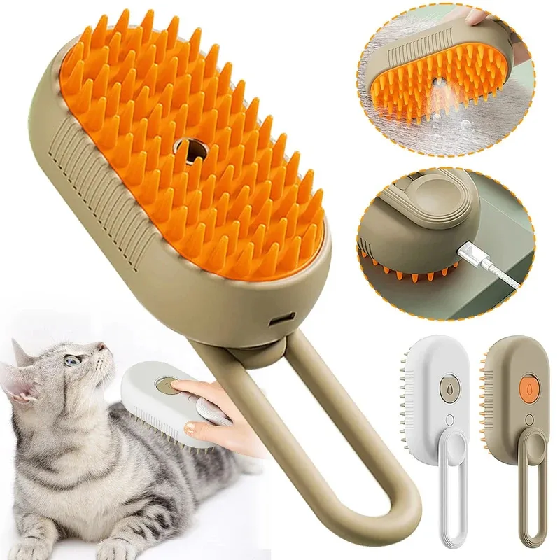Cepillo de vapor 3 en 1 para gatos, vaporizador, removedor de pelo para mascotas con pulverizador vaporizador y peine de masaje, suministros esenciales para el cuidado de mascotas