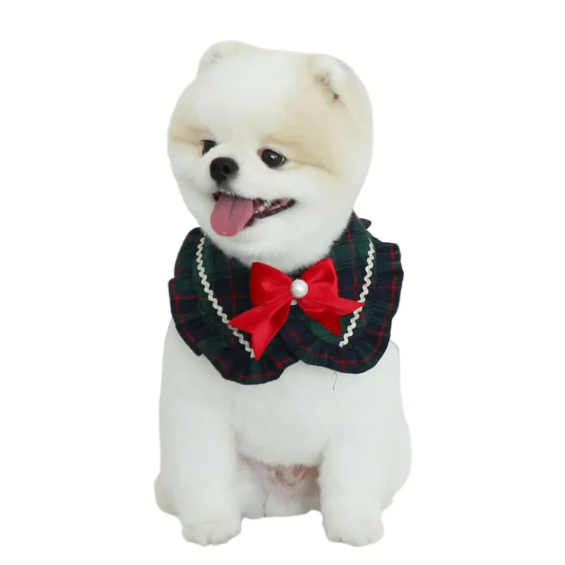 Bufanda de perlas con lazo con volantes a cuadros para perros y gatos, toalla de Saliva bonita y dulce, lazo de Navidad para perros, accesorios para perros pequeños - imagen 5