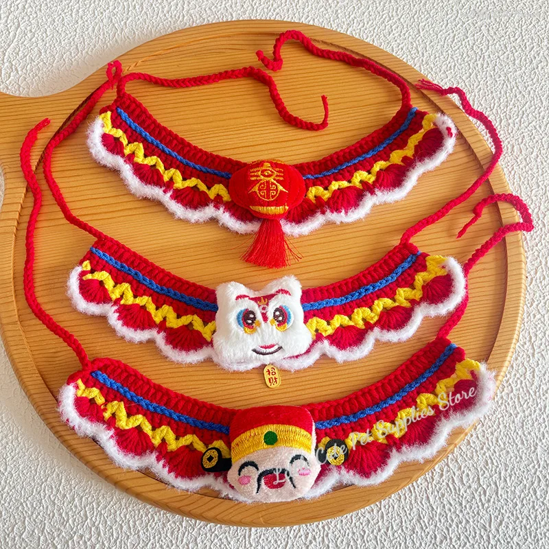 Corbata tejida hecha a mano para gatos, accesorio ajustable para mascotas, diseño de danza del león chino, protección mágica, accesorio de moda para gatos - imagen 2