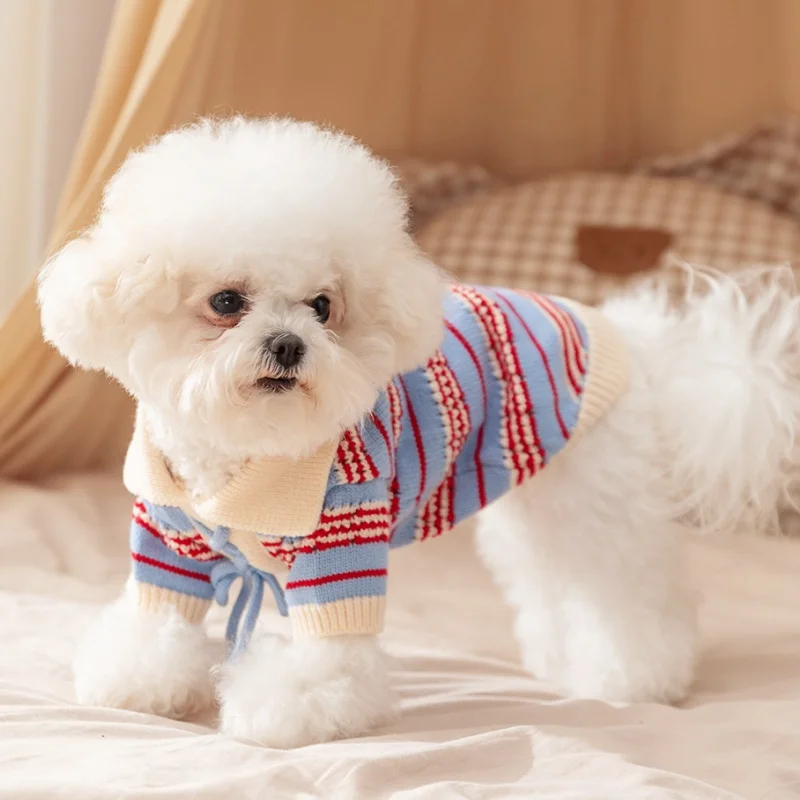 Suéter Polo a la moda para perros, ropa suave de invierno para perros, rayas coloridas, cuello alto de punto para cachorros, suéter para gatos dulces, caniche, suministros para mascotas - imagen 3