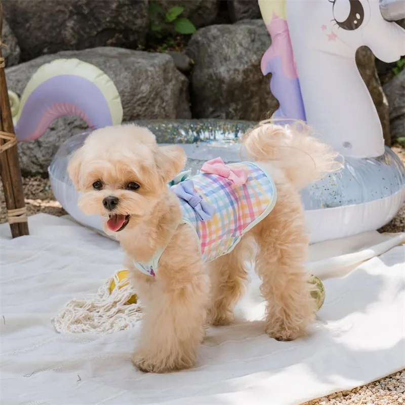 Camiseta con estampado a cuadros para mascotas, camiseta de Color para perro, camiseta sin mangas, falda, traje de baño, suministros de ropa para perros pequeños y medianos, sombreros - imagen 3