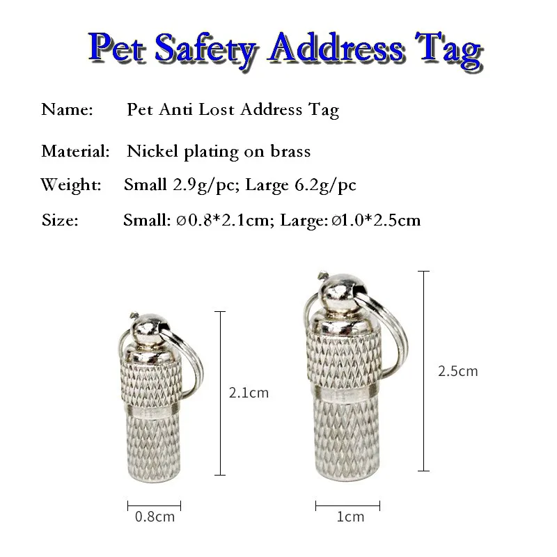 100 Uds. Etiqueta colgante de seguridad para mascotas, identificación de mascotas, dirección, barril, gato, perro, cachorro, Animal PEQUEÑO, tubo de identidad, etiqueta de nombre, tubo de barril de metal - imagen 3