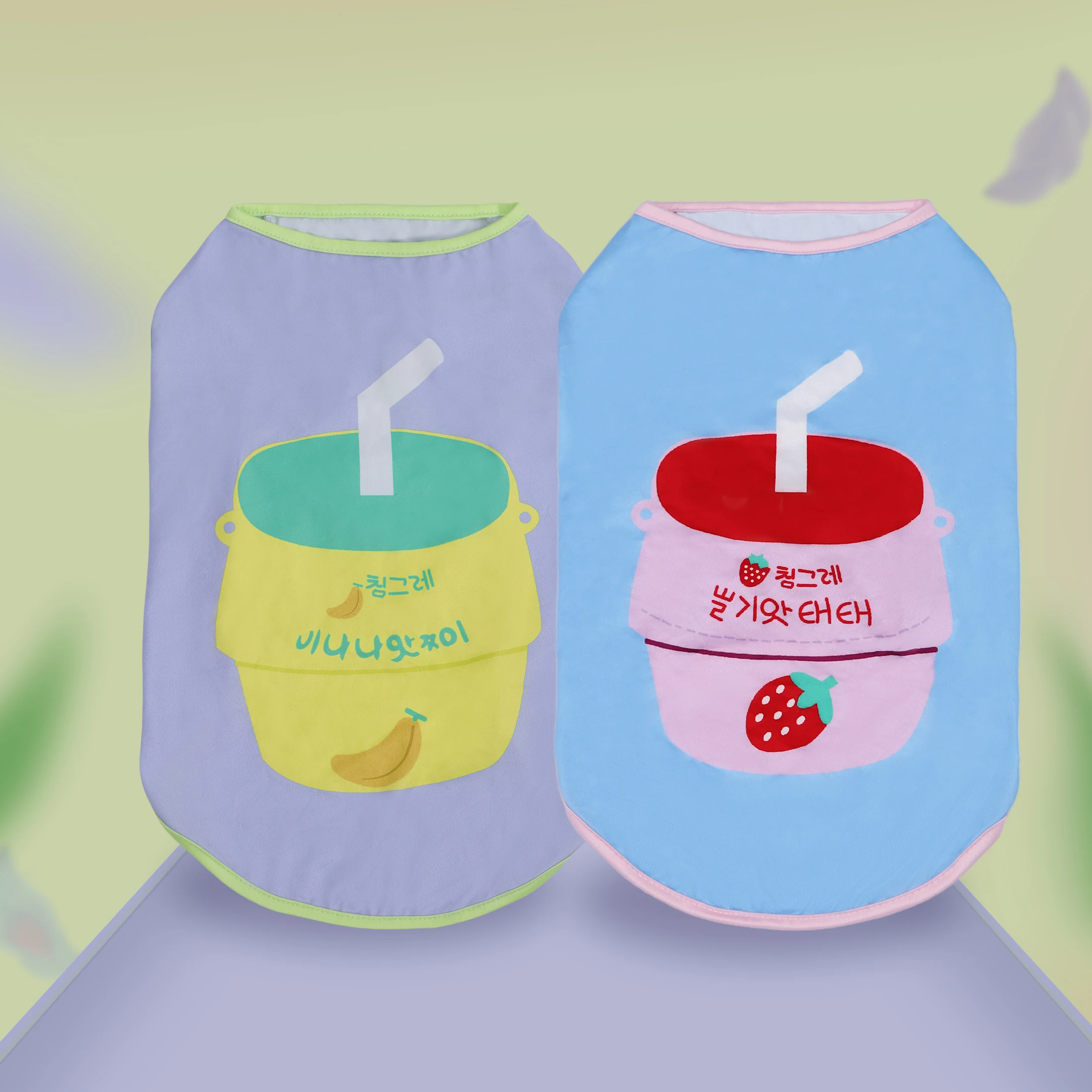 Chaleco para perro con taza de batido de frutas, gráfico de bebida de plátano y fresa, camisa transpirable sin mangas para mascotas, ropa de verano para perros pequeños y mascotas