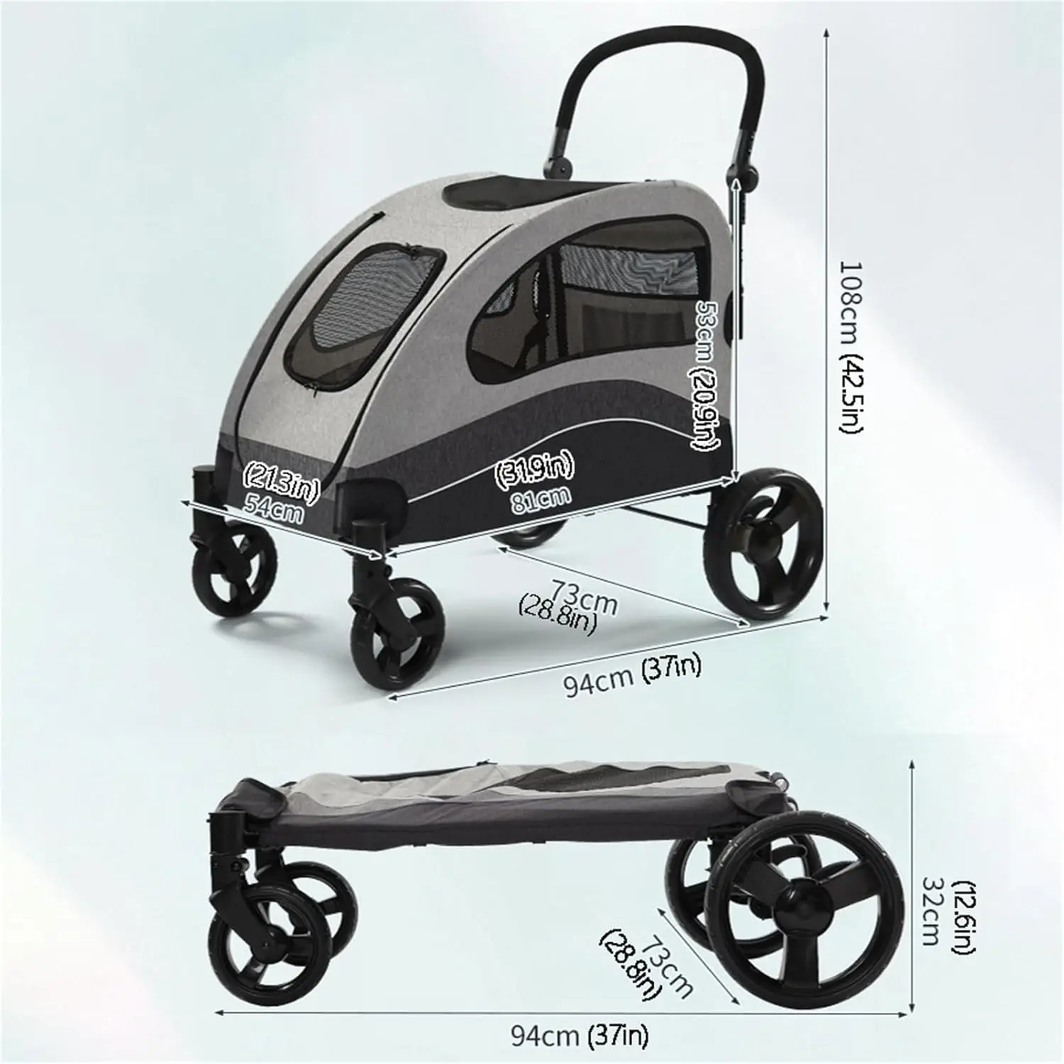 Cochecito grande para mascotas, transportador de perros de 4 ruedas con frenos, cochecitos de viaje portátiles para cachorros con ventanas transpirables ajustables para gatos - imagen 2