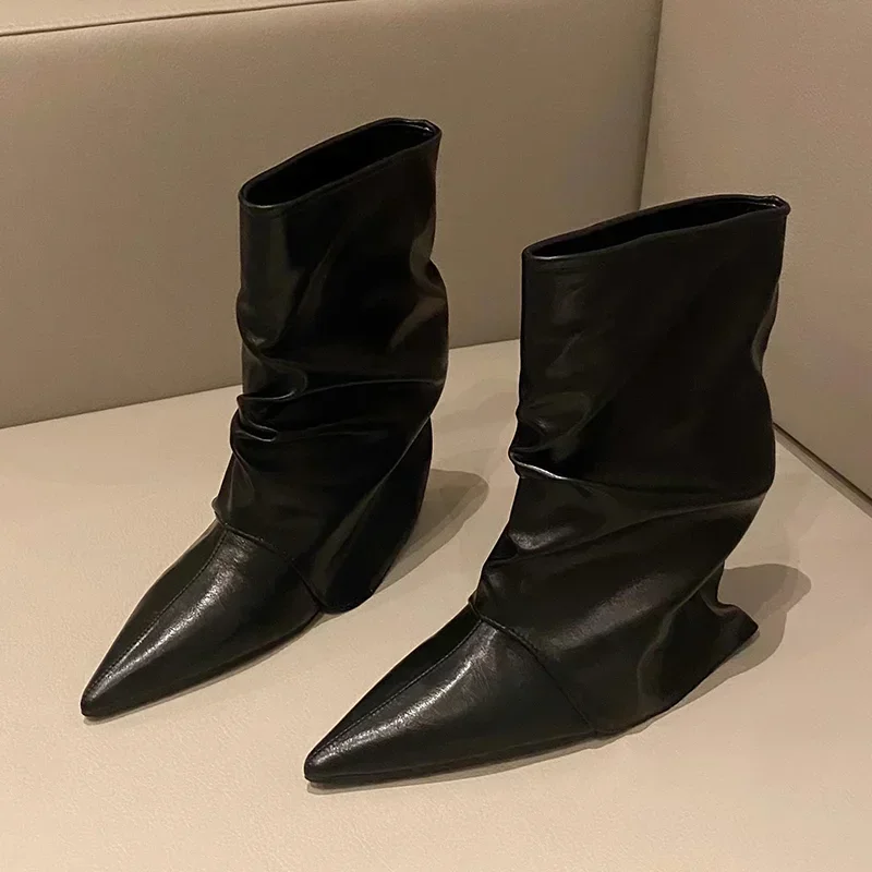 Botines puntiagudos para Mujer, zapatos de cuero sexis para nieve, zapatos de moda de diseñador para Mujer 2025, Botas góticas de invierno Chelsea para Mujer - imagen 2