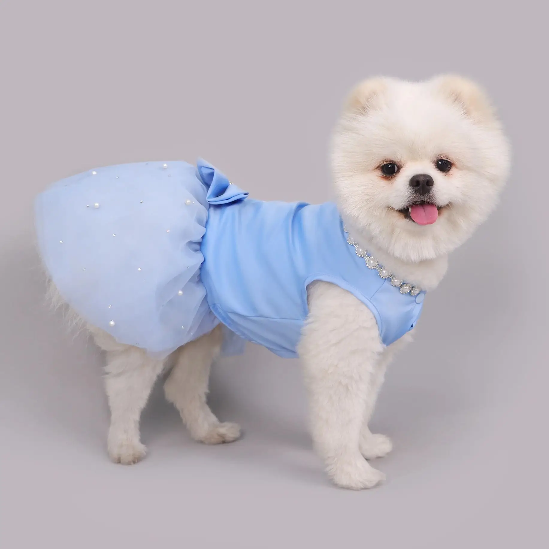 Elegante vestido azul para perro con perlas y diamantes de imitación, vestido de novia con nudo de lazo para niña y cachorro, traje para gato de San Valentín, vestido de fiesta elegante para mascotas - imagen 5
