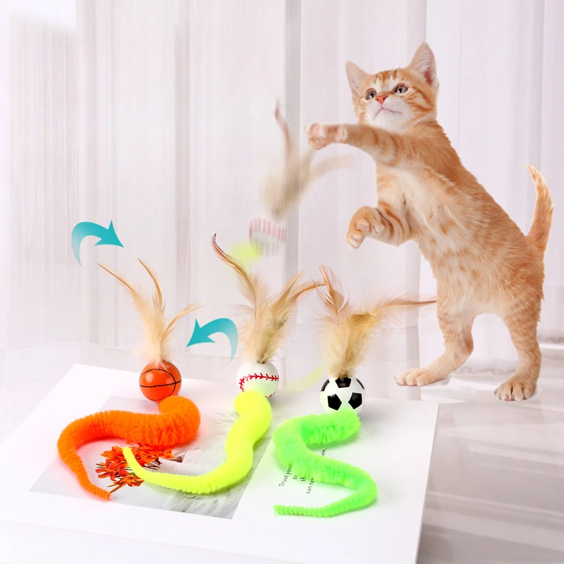 Juguetes interactivos para gatos, pelota que rebota de plumas coloridas, suministros para mascotas, rompecabezas para gatitos, juguete de pelota para gatos de interior - imagen 3