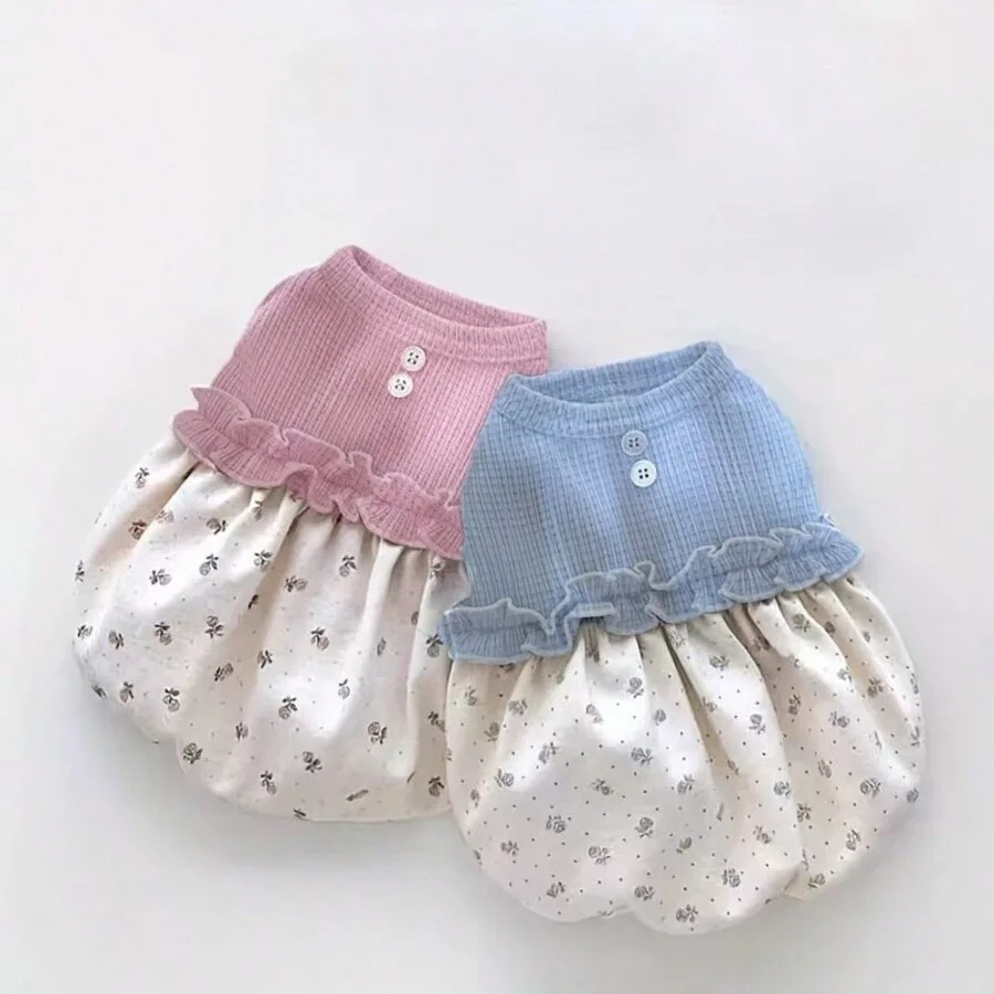 Vestido punto acanalado para perro pequeño con falda floral y volantes - imagen 2