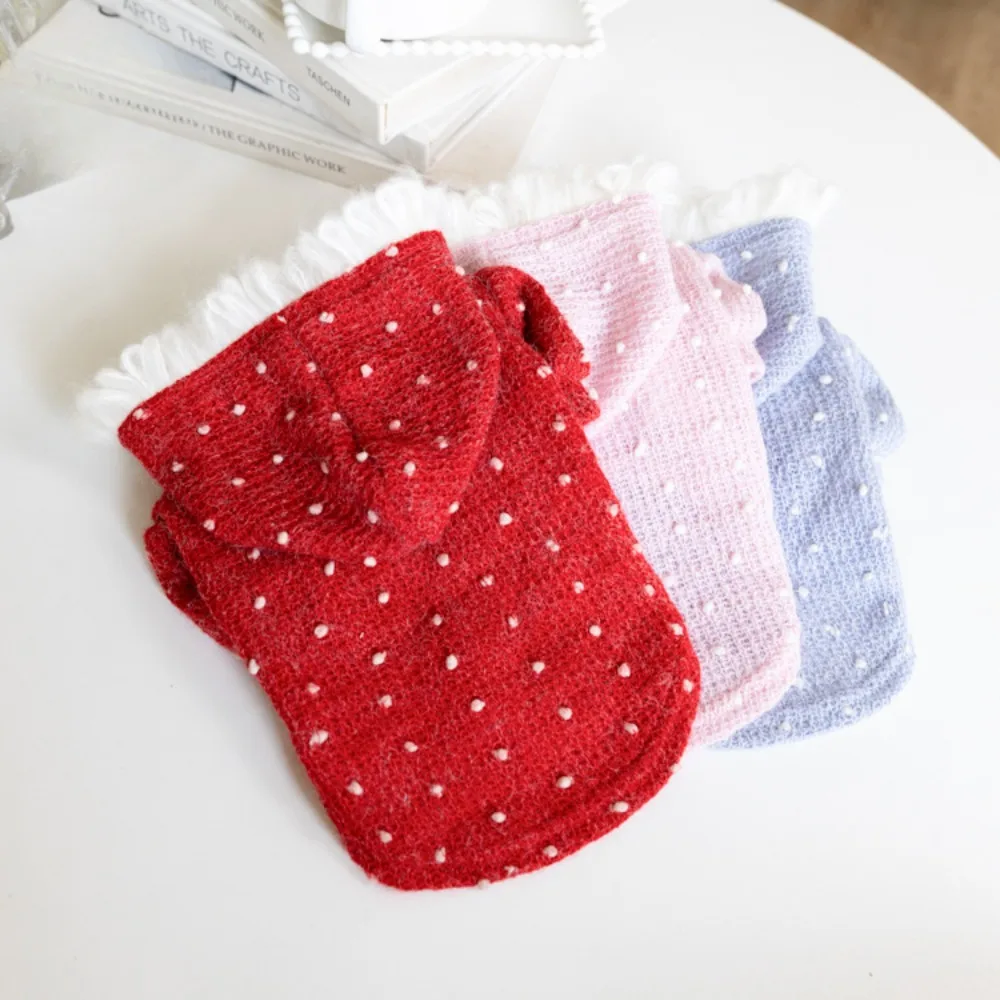 Sudadera con capucha de punto para perro, abrigo de manga de burbuja de lunares, ropa de peluche para mascotas, sombrero de felpa, ropa para perros pequeños, Navidad, Otoño e Invierno - imagen 5