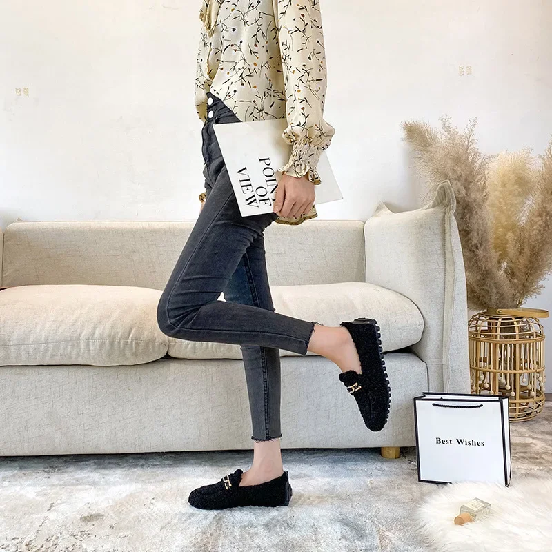 Mocasines forrados de piel de oveja de lujo, zapatos de lana de cordero para mujer, zapatos planos peludos sin cordones para invierno, mocasines de lana de algodón para mujer, botas descalzas - imagen 5