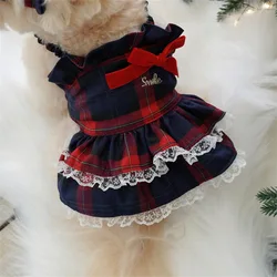 Vestido a cuadros de lana para otoño e invierno, chaleco de Navidad, ropa de vacaciones para cachorros, abrigo con lazo de encaje, vestidos para perros pequeños