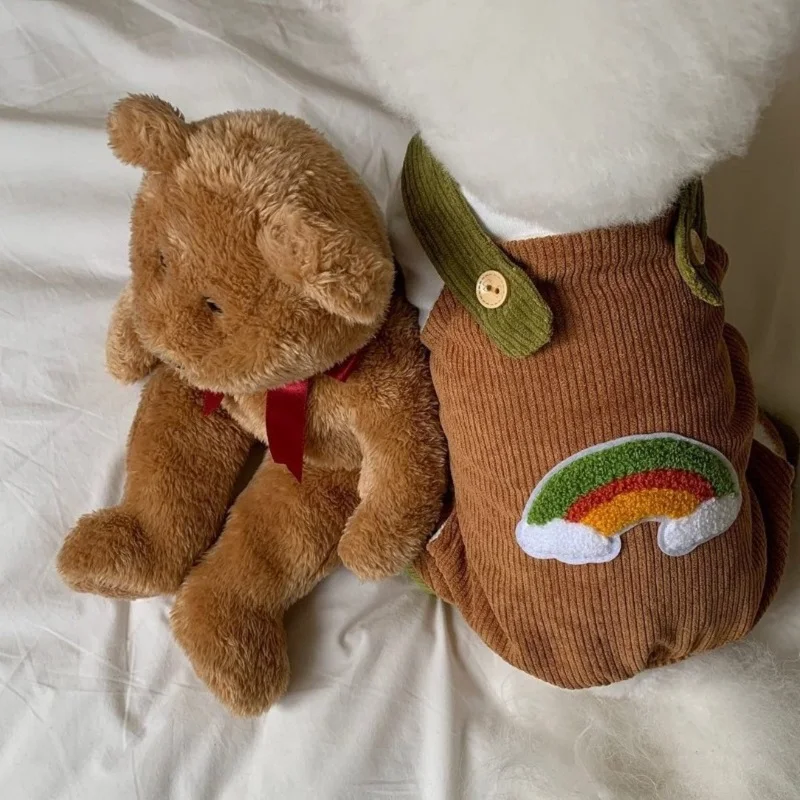 Tirantes para mascotas, mono para perros, ropa de invierno para cachorros, abrigos cálidos de pana con estampado de arcoíris para perros, ropa para Chihuahua, perro salchicha, pijamas para perros - imagen 3