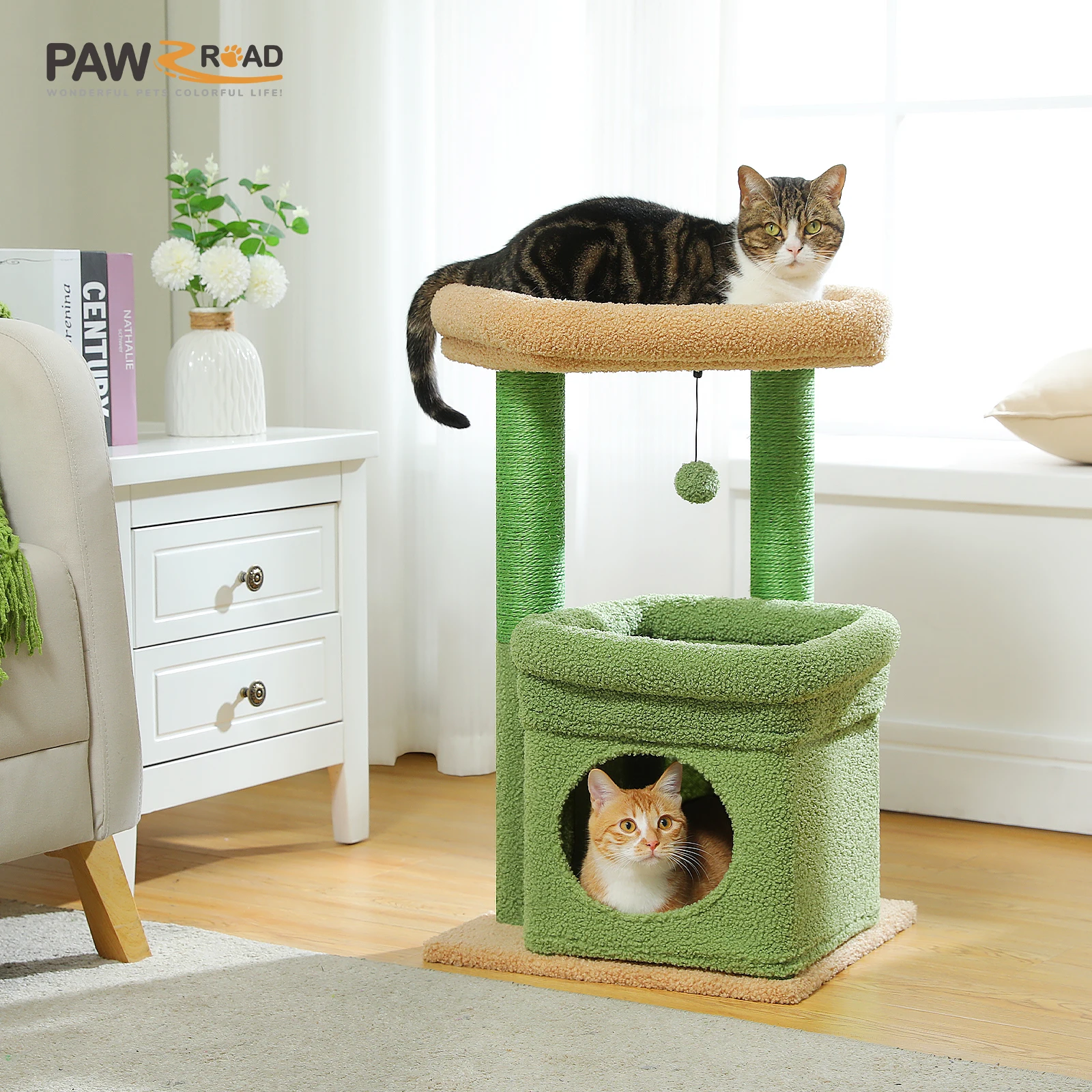 Torre para gatos con condo acogedor, perca superior ancha, postes de sisal natural, felpa suave, pompón juguetón adecuado para 1-2 gatos de interior - imagen 2