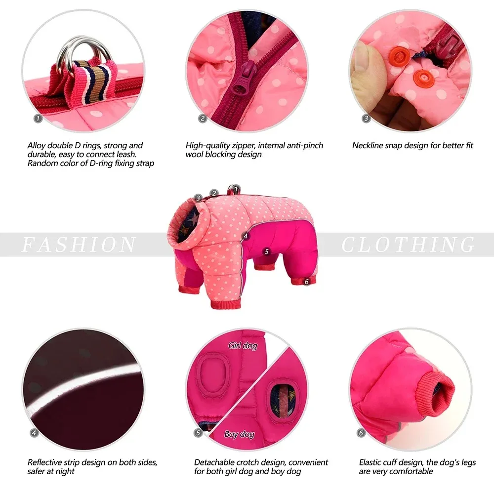 Chaqueta cálida de invierno para perros pequeños y medianos, mono con estampado de lunares para cachorros, abrigo reflectante para mascotas, Chihuahua, Bulldog, con anillo en D - imagen 3