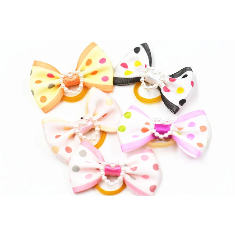 20/50/100pcs 고무 밴드와 라인 석이있는 개 머리 활 강아지 손질 활 개 고양이 상투 Bowknot 애완 동물 헤어 액세서리