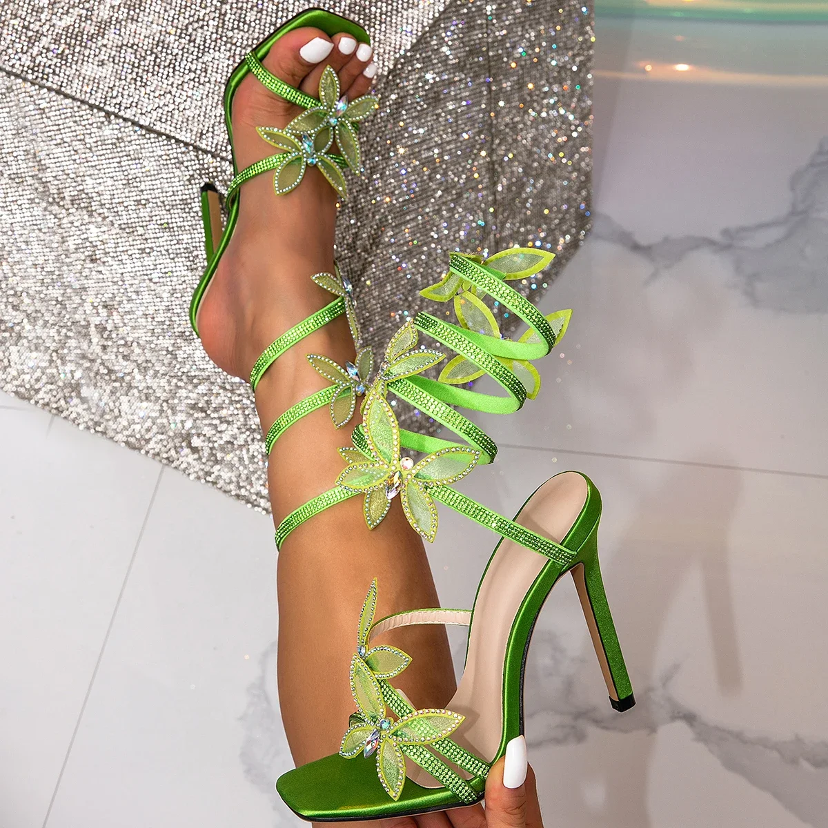 Sandalias con correa en el tobillo para mujer, zapatos de tacón alto fino con punta abierta y nudo de mariposa de cristal, diseño elegante, Sexy, para fiesta - imagen 4