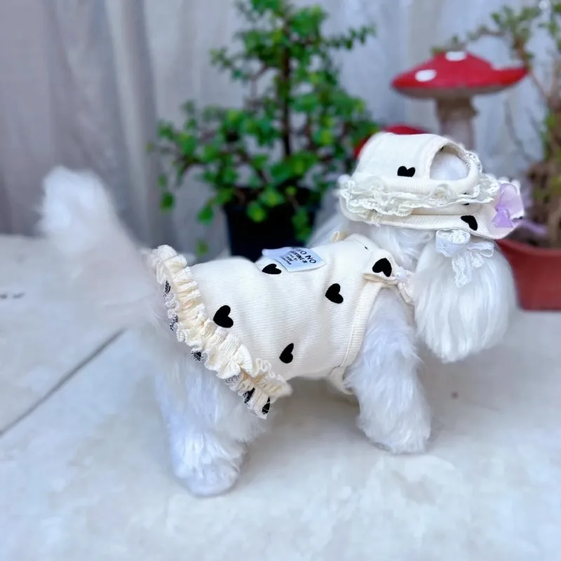 1/Set de ropa de encaje de amor para mascotas, vestido de tirantes de verano, conjunto de sombrero bonito, ropa para perros pequeños, vestido con tirantes elásticos altos, chaleco de princesa para gatos - imagen 4