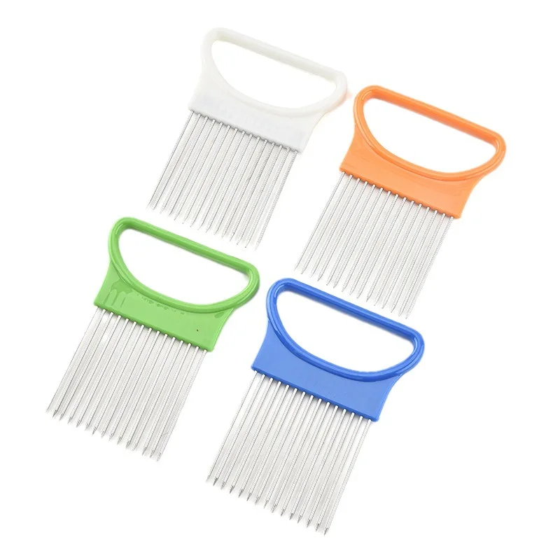 Aguja para cebolla de acero inoxidable, rebanador de frutas y verduras, tenedor para cebolla, soporte de ayuda seguro, cortador de tomate para accesorios de cocina del hogar, 2 uds. - imagen 3