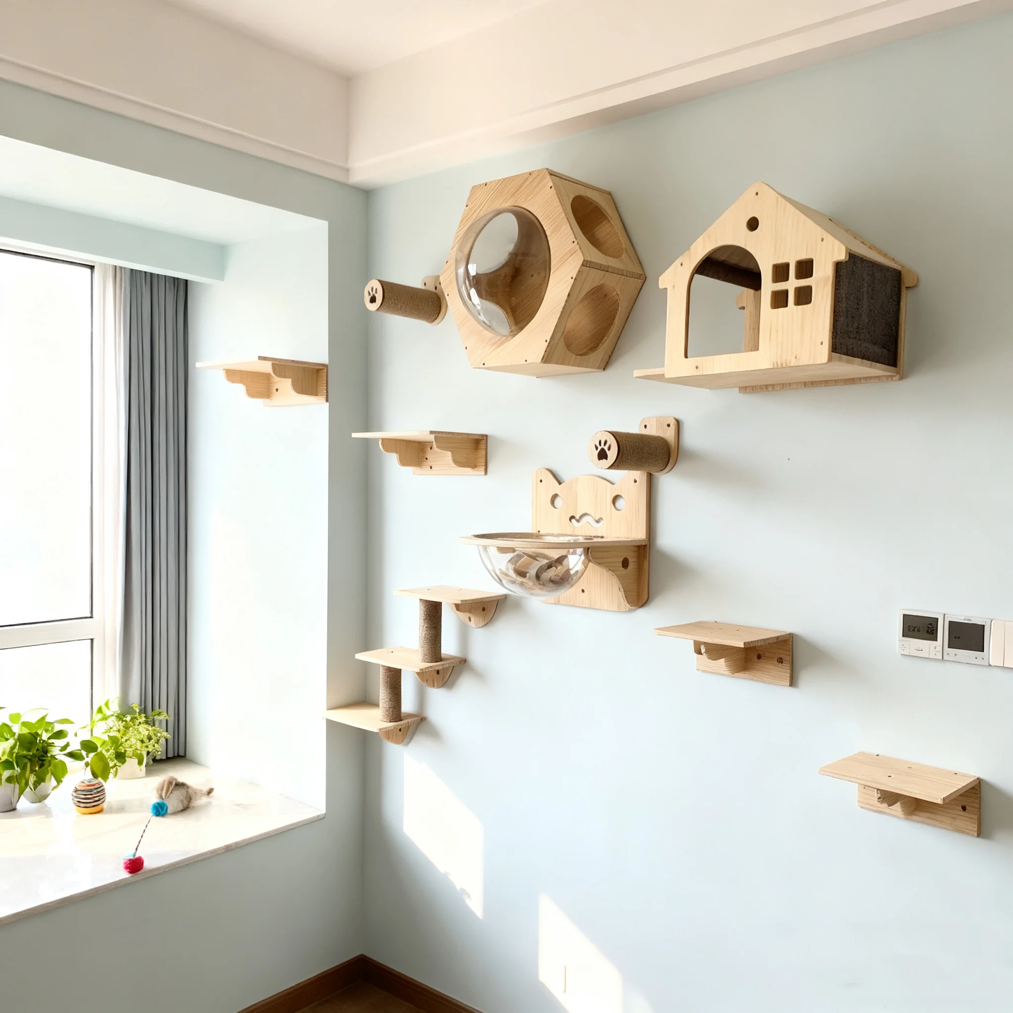 Pasos de madera maciza montados en la pared y cuerda de Sisal, entrenamiento de garra de gatito, muebles de interior para gatos, cuerda de escalada para gatos - imagen 5