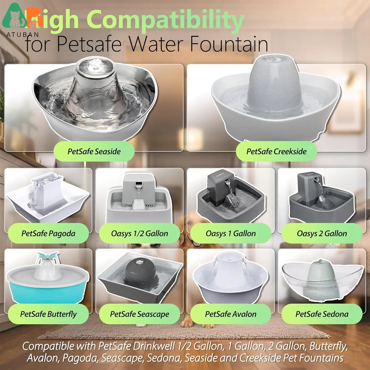 ATUBAN Fuente de agua para gatos, filtro de carbón de repuesto Compatible con PetSafe Drinkwell, fuentes para mascotas de cerámica y acero inoxidable para perros - imagen 2