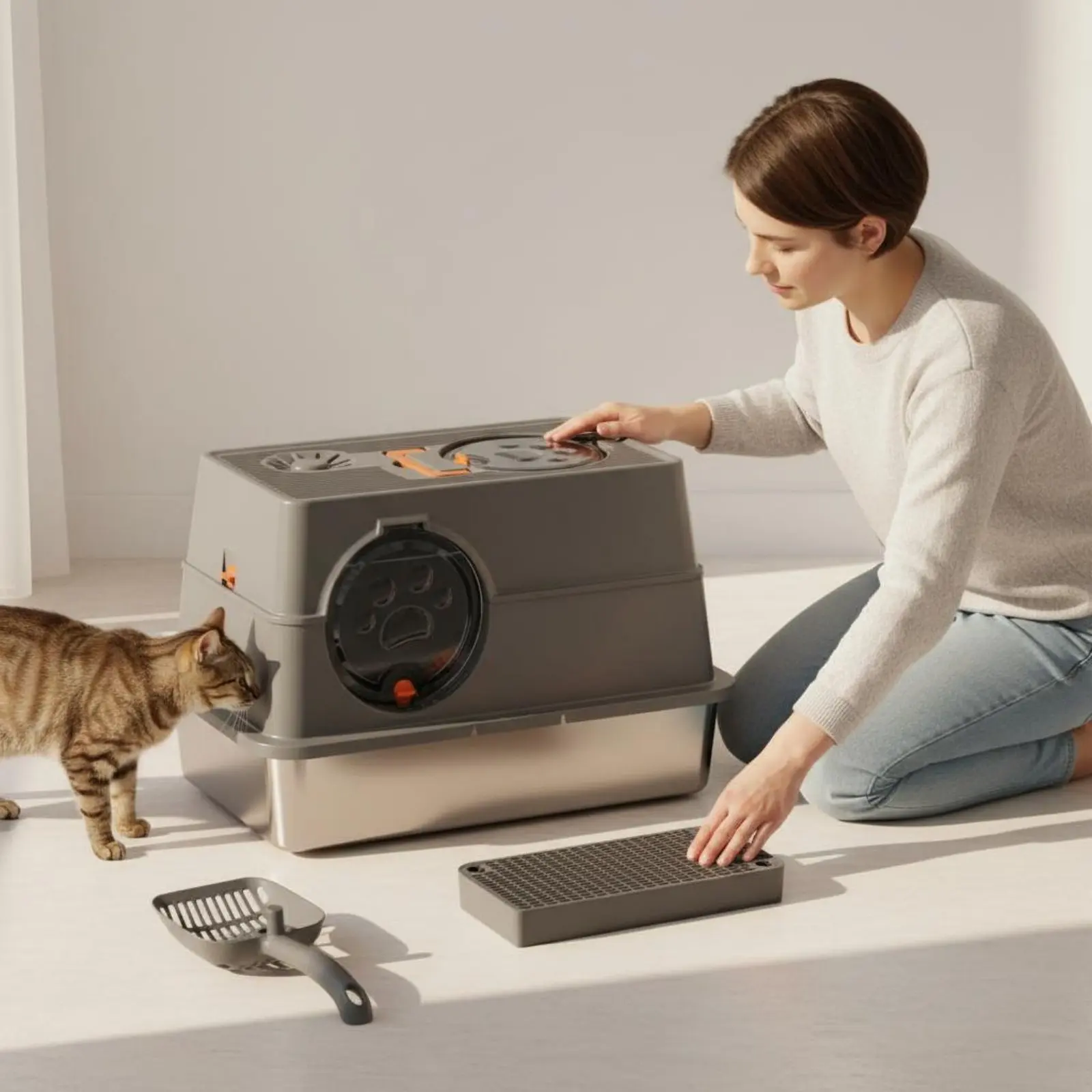 Caja de arena cerrada con filtro anti olor de acero para gatos - imagen 4