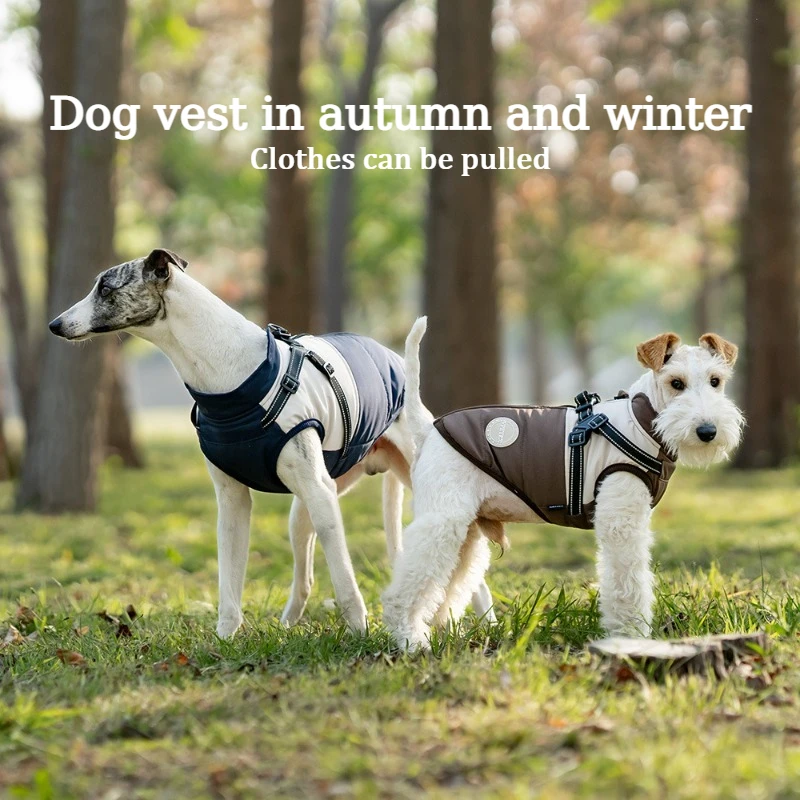 Abrigo para perros al aire libre con anillo, chaleco para perros de otoño e invierno, ropa impermeable con rayas reflectantes para perros, ropa de algodón con forro polar para mascotas - imagen 2