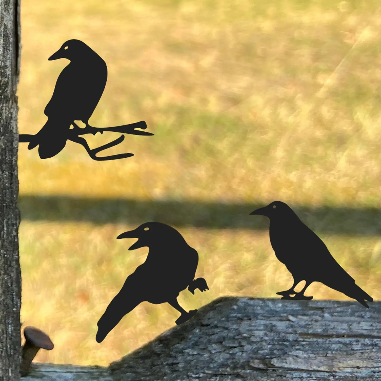 3 Pieces Metal Yard Art Raven Garden Decoration Ornament Halloween Decor Black Bird Silhouette for Fence Patio Wall Lawn Tree
