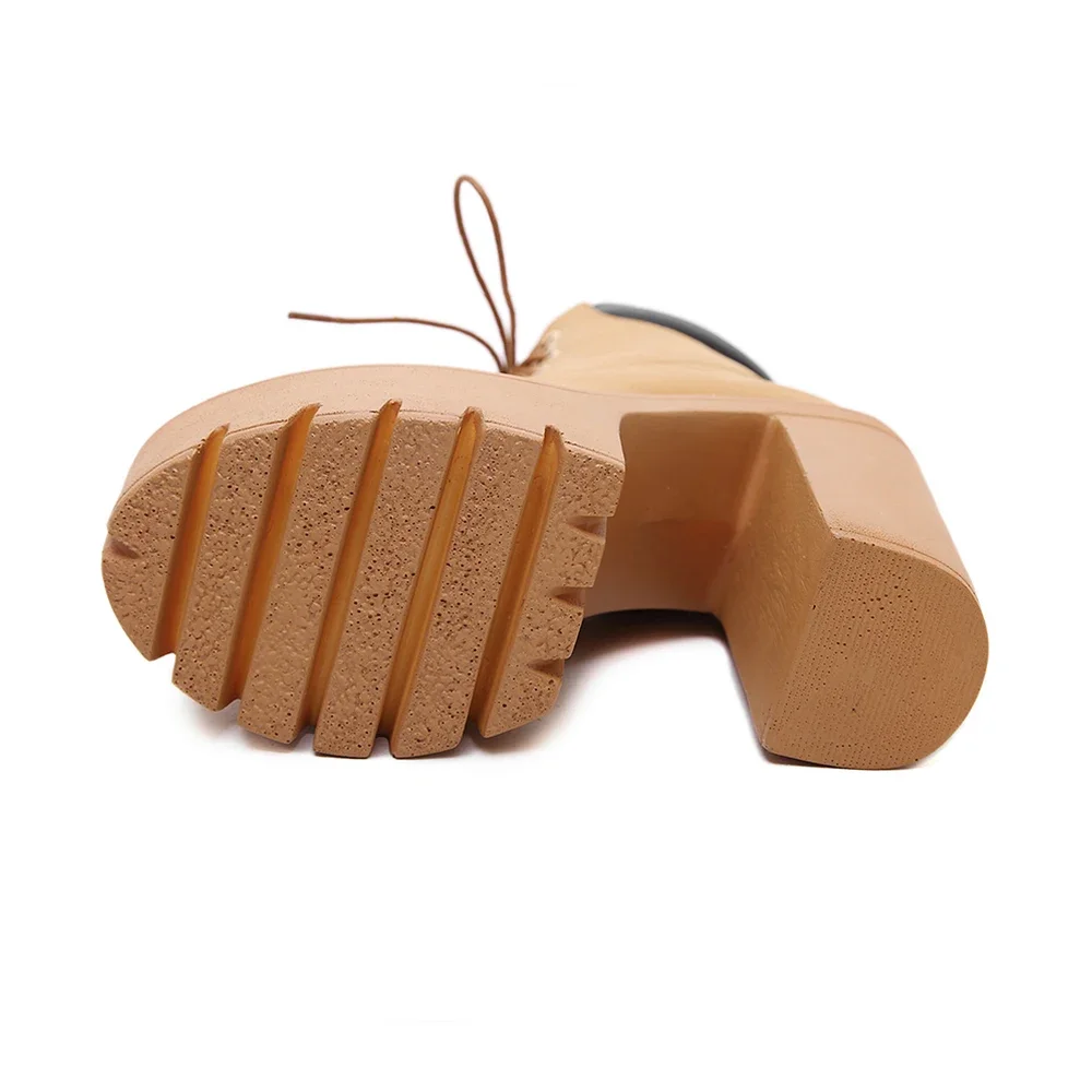 Botas cortas de tacón grueso para mujer, botines de punta redonda con cordones y tacón alto, Color sólido, impermeables, con plataforma, para motocicleta - imagen 5