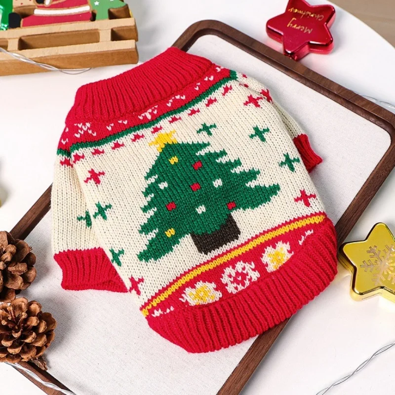 Suéter bonito de lujo para perros, ropa cálida y suave para perros, jerséis de punto para cachorros, suéter de cuello alto con estampado de árbol de Navidad para mascotas