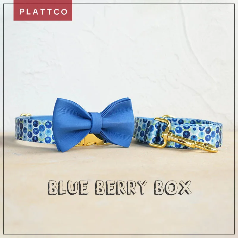PLATTCO conjunto de perro de diseño único estampado patrón BLUE BERRY BOX y hebilla dorada de alta calidad 5 tamaños PDC328YG&PDL328YG&PBT259