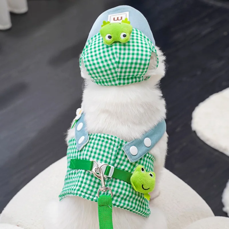 Conjunto de arnés y correa para perro con sombrero para el sol para perro, chaleco a cuadros con rana bonita de verano, arnés para perros pequeños, traje para cachorros, accesorios para perros nuevos - imagen 3