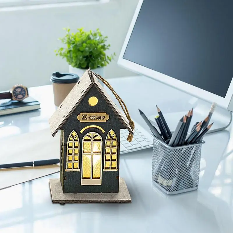 Adornos navideños de madera con luz, colgante de casa de madera, decoraciones de temporada para el hogar, Hotel, aula, jardín - imagen 2