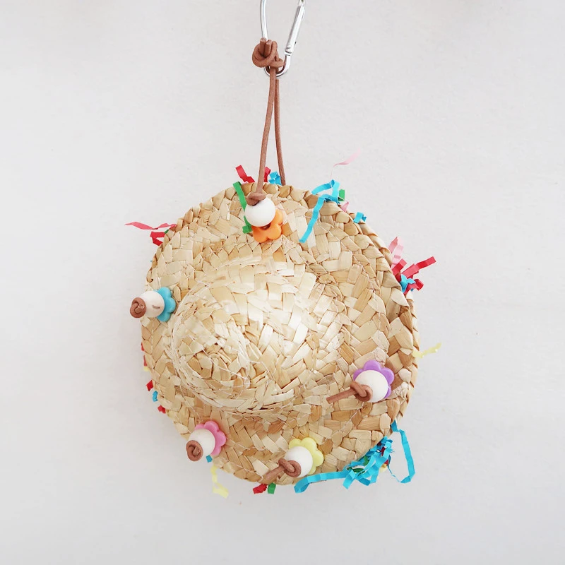 Gorro tejido de paja hecho a mano con forma de loros, juguete para masticar, jaula para pájaros, columpio colgante, juguete para masticar pájaros, perchas de pie para cacatúa Conure - imagen 5