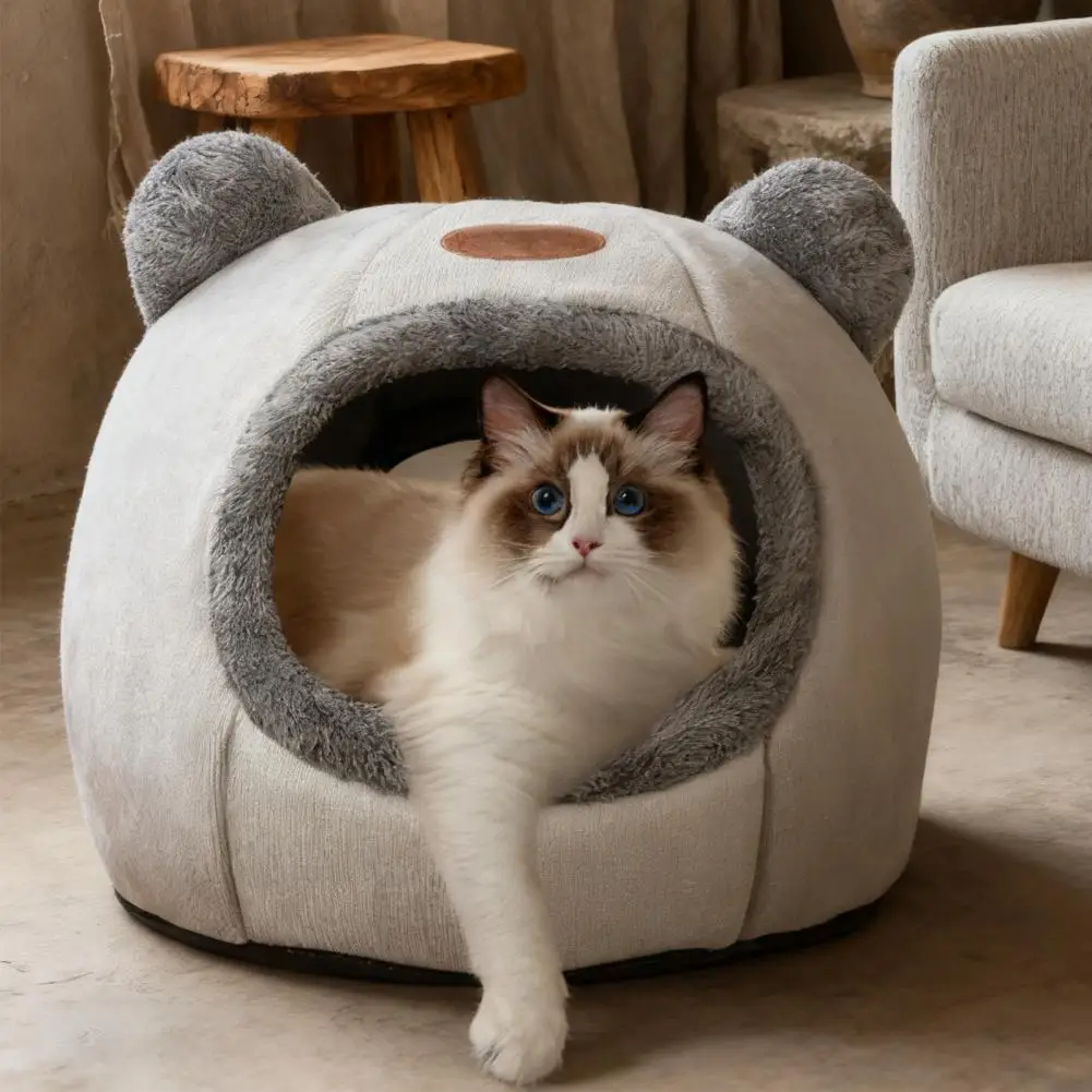 Cama bonita de cueva para gatos, cómoda cama para mascotas con orejas de oso, fondo antideslizante, nido para gatos de invierno con cojín extraíble para cachorros y gatos de interior - imagen 2