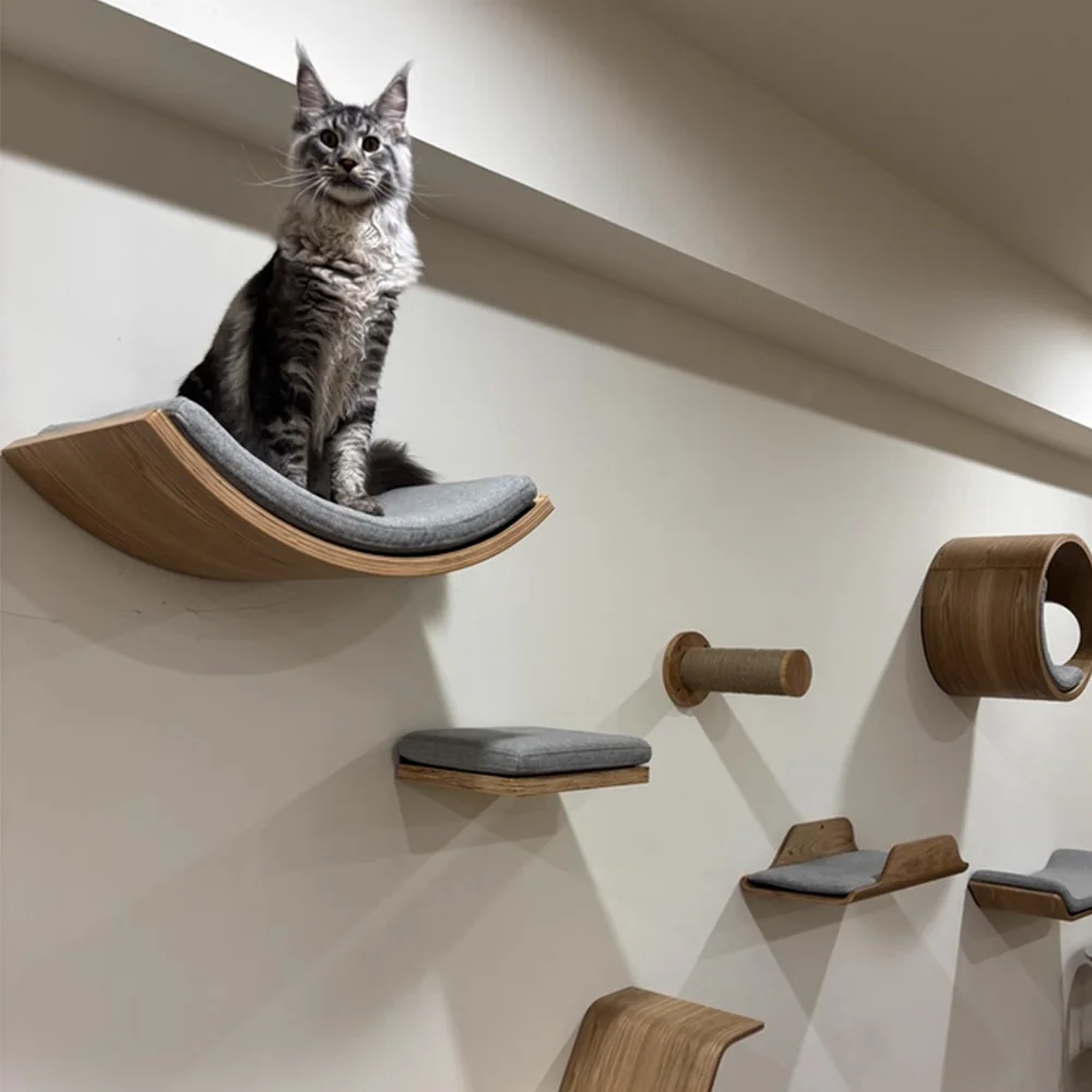 Percha pared gatos suave – hamaca colgante y estantes madera escalada - imagen 2
