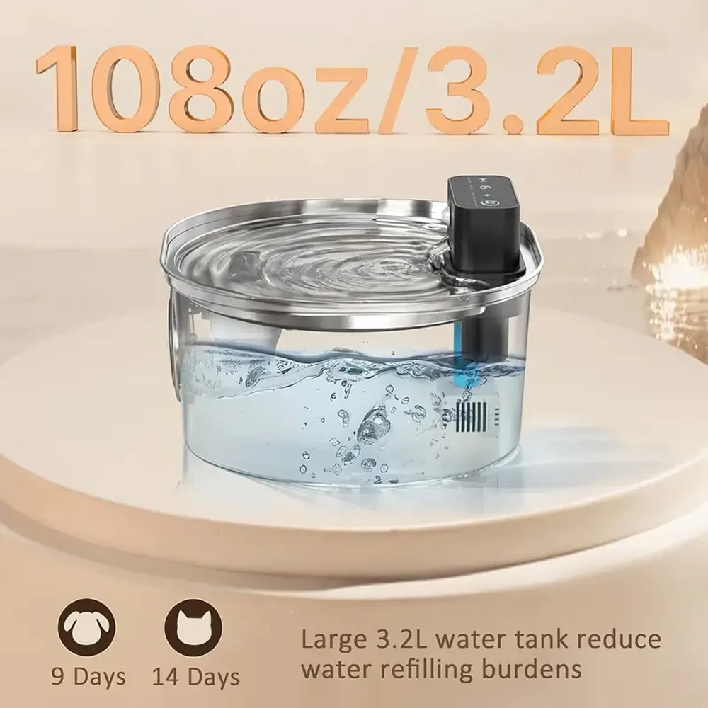 Fuente de agua inalámbrica automática para mascotas de acero inoxidable de 3,2 L, 4000mAH, con Sensor de movimiento, dispensador de agua filtrado silencioso - imagen 5