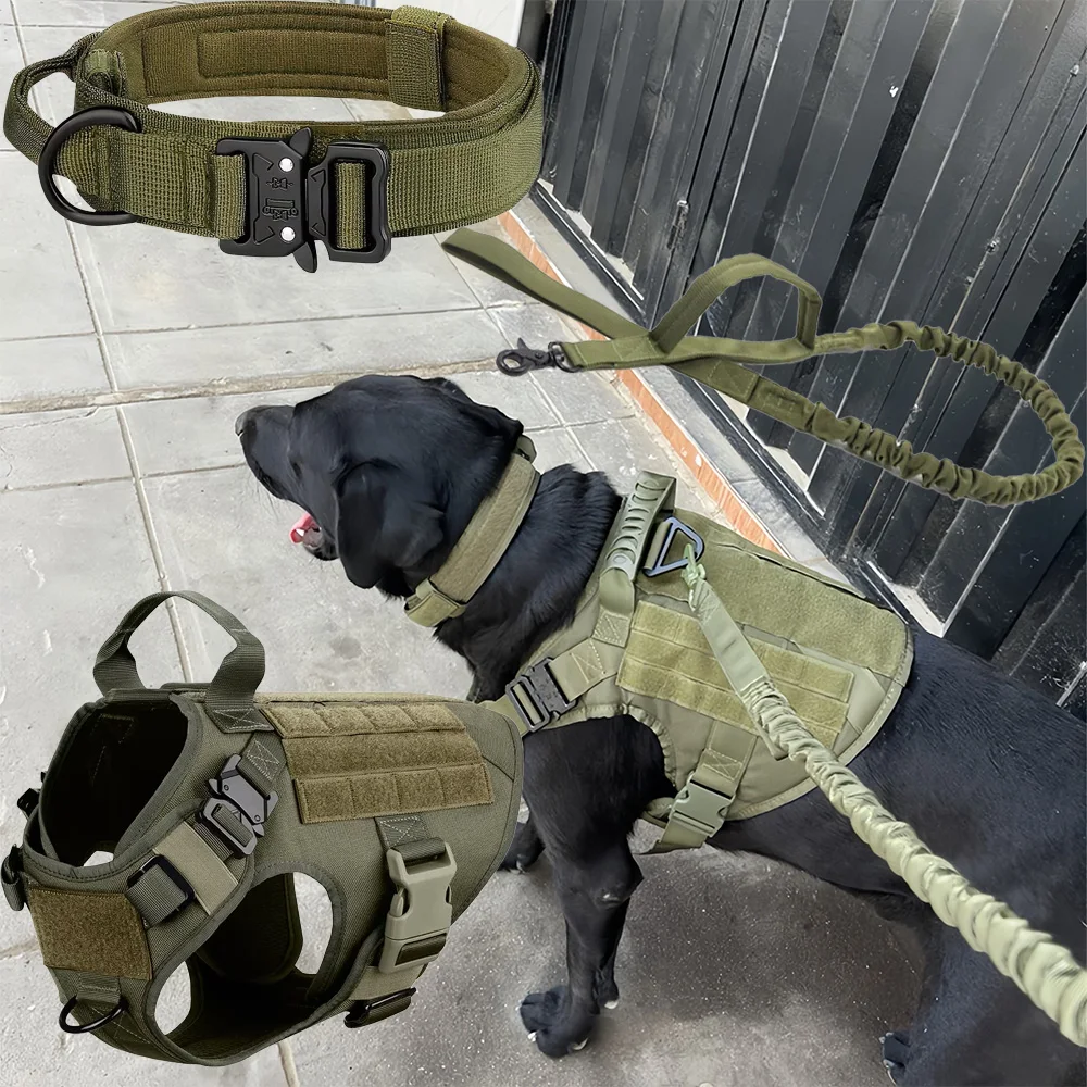 Conjunto de arnés y correa para perros de estilo táctico, chaleco para mascotas con sistema Molle, arnés de nailon para perros medianos y grandes, entrenamiento de senderismo y caminar