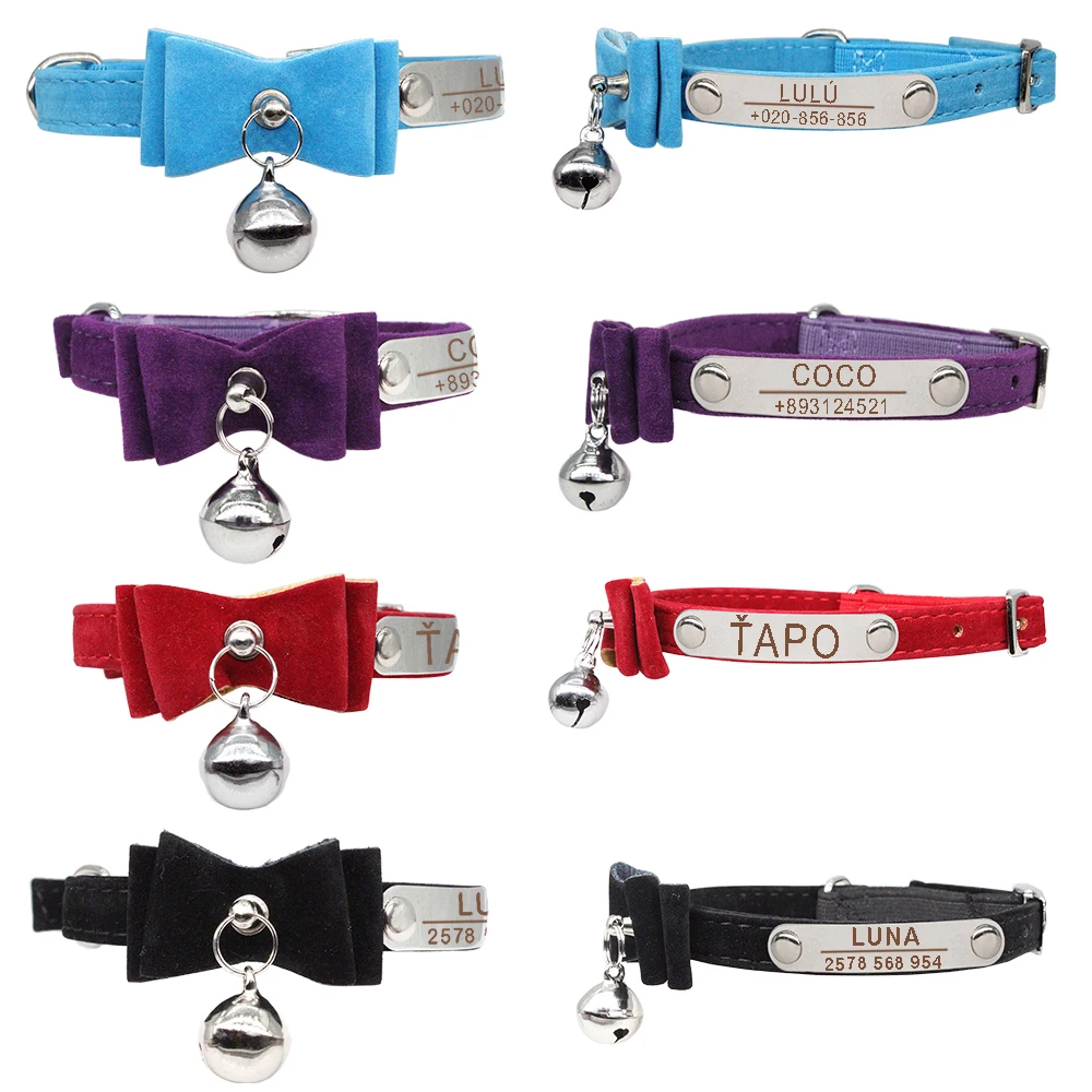 Collar de gato personalizado con lazo, identificación personalizada, seguridad ajustable, terciopelo suave con campana, Collar para perro, grabado gratis, Collar para cachorros y gatitos - imagen 5