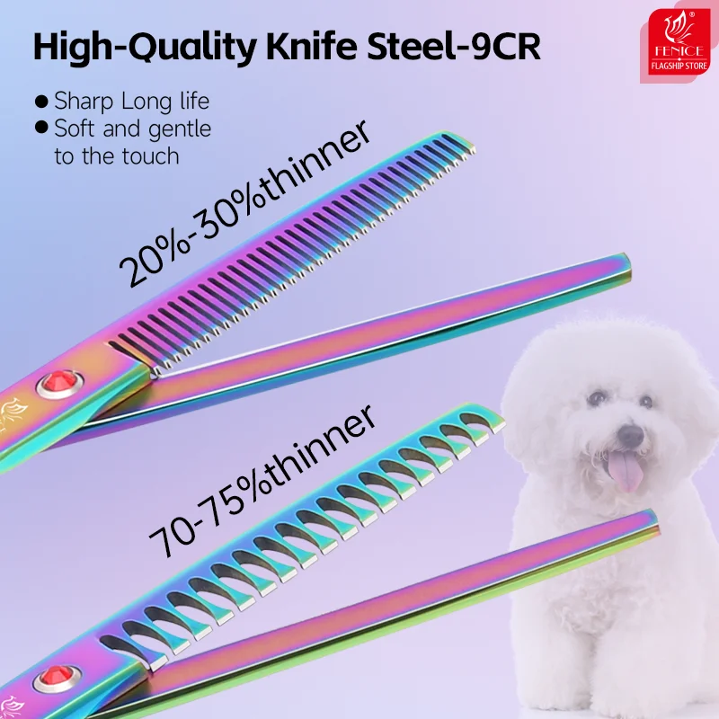 Fenice-Juego de tijeras profesionales coloridas para el cuidado de perros, 6,5/7 pulgadas, recto, más fino, curvo, tijeras de aseo - imagen 5