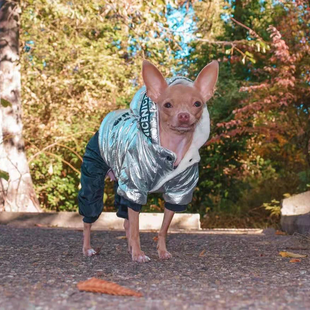 Chaqueta de plumón con forro polar para perros pequeños, ropa de cachorro plateada, traje de cuatro patas para Yorkshire, Invierno - imagen 3