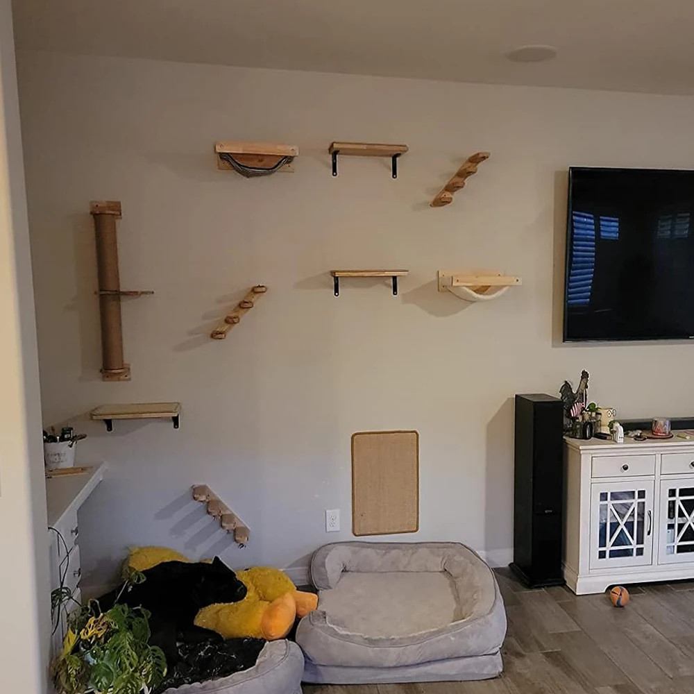 Estantes de escalada de madera para gatos, puente para gatos, hamaca para gatos con escalera de Sisal para jugar y dormir, poste para rascar, garras de molienda - imagen 2