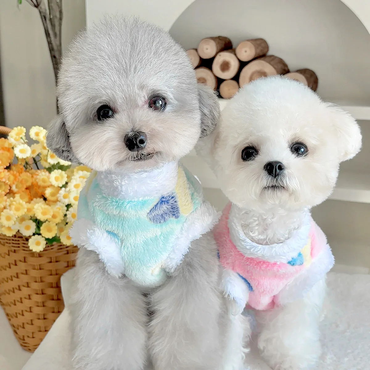 Otoño e Invierno mascota de peluche colorido amor camiseta sin mangas Teddy perro pequeño tracción abrigo de felpa gato Sudadera con capucha ropa para cachorros chaleco para perros - imagen 2