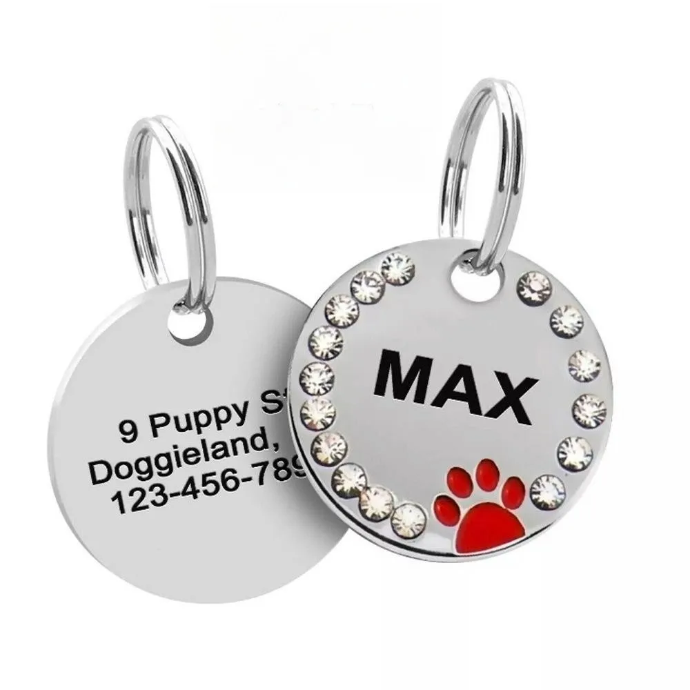 Collar con colgante de nombre de mascota grabado de acero inoxidable, etiquetas de identificación, Collar con colgante de diamante grabado antipérdida personalizado para identificación de perro y gato - imagen 2