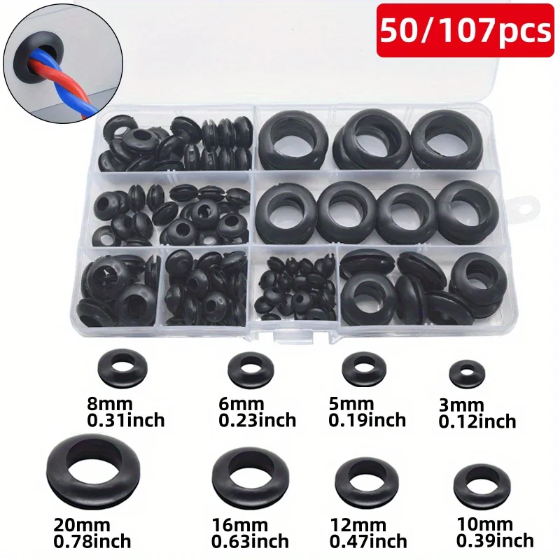 Kit de cierre abierto con ojal de goma para cableado, juego de ojal de conductor eléctrico para cables, enchufes y cables, 50/107 Uds.